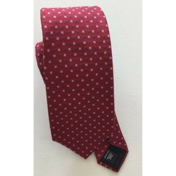 SAKS FIFTH AVENUE SILK NECK TIE RED WITH BLUE WHITE SQUARES NECKTIE - Picture 1 of 6